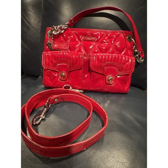 Coach Poppy Red Liquid Gloss Patent Leather Quilted Handbag - Picture 2 of 7
